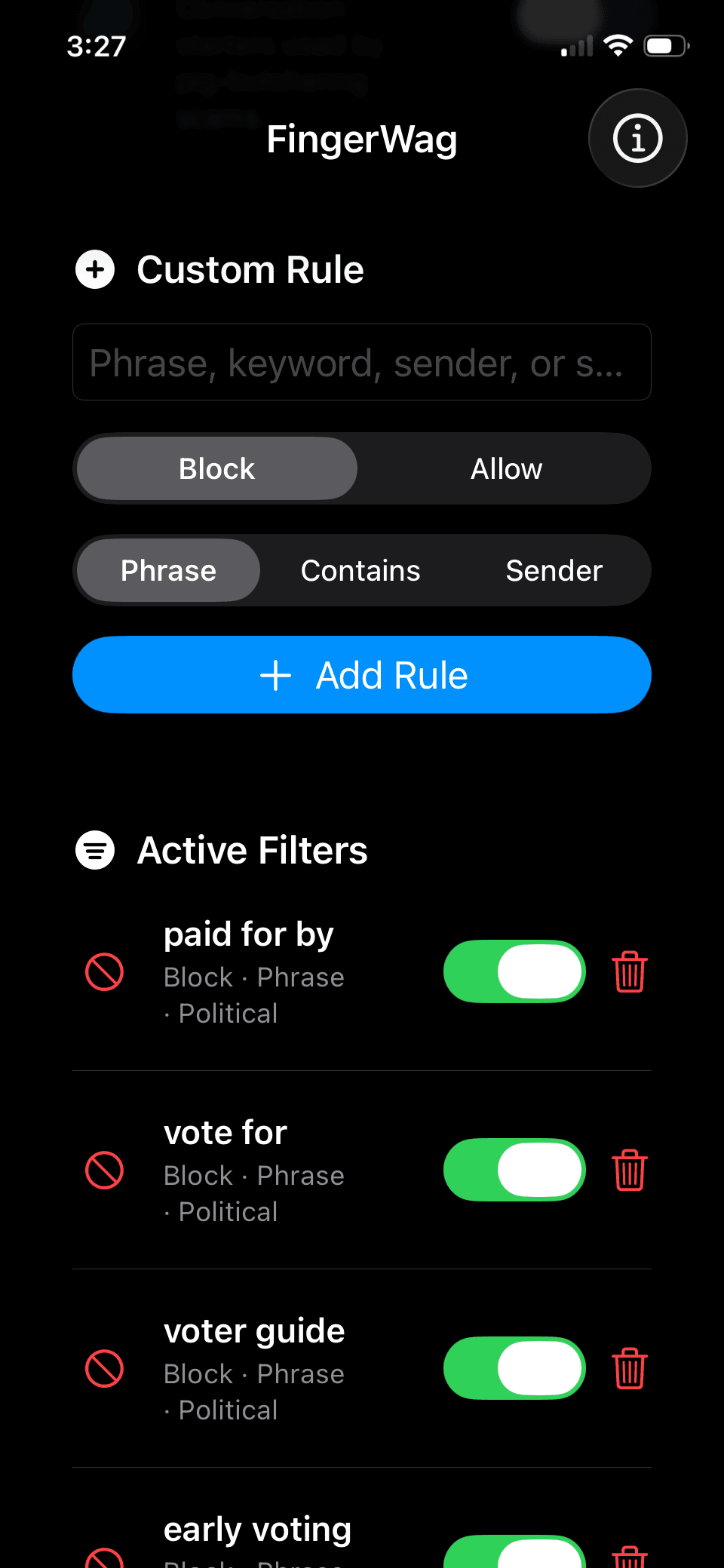 FingerWag Custom Rule screen with Block and Allow controls, match types, and an Add Rule button