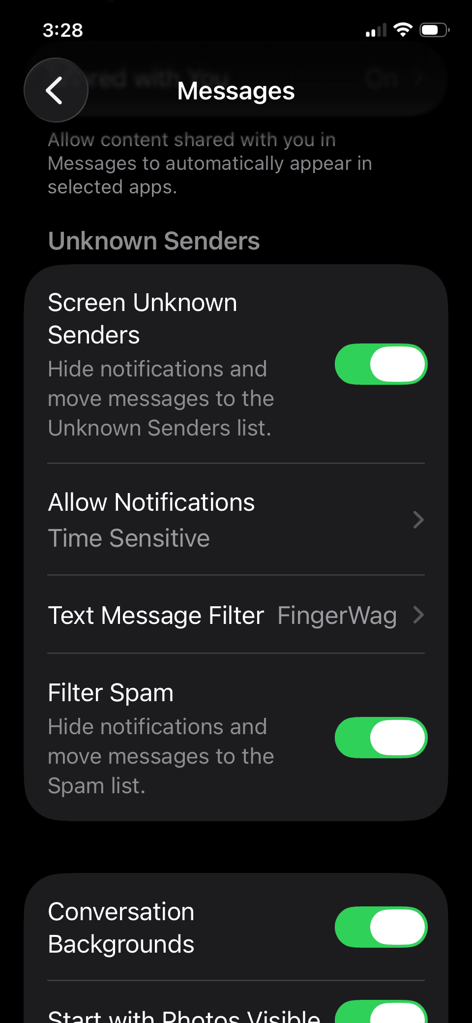 iPhone Messages settings showing FingerWag selected beside Text Message Filter