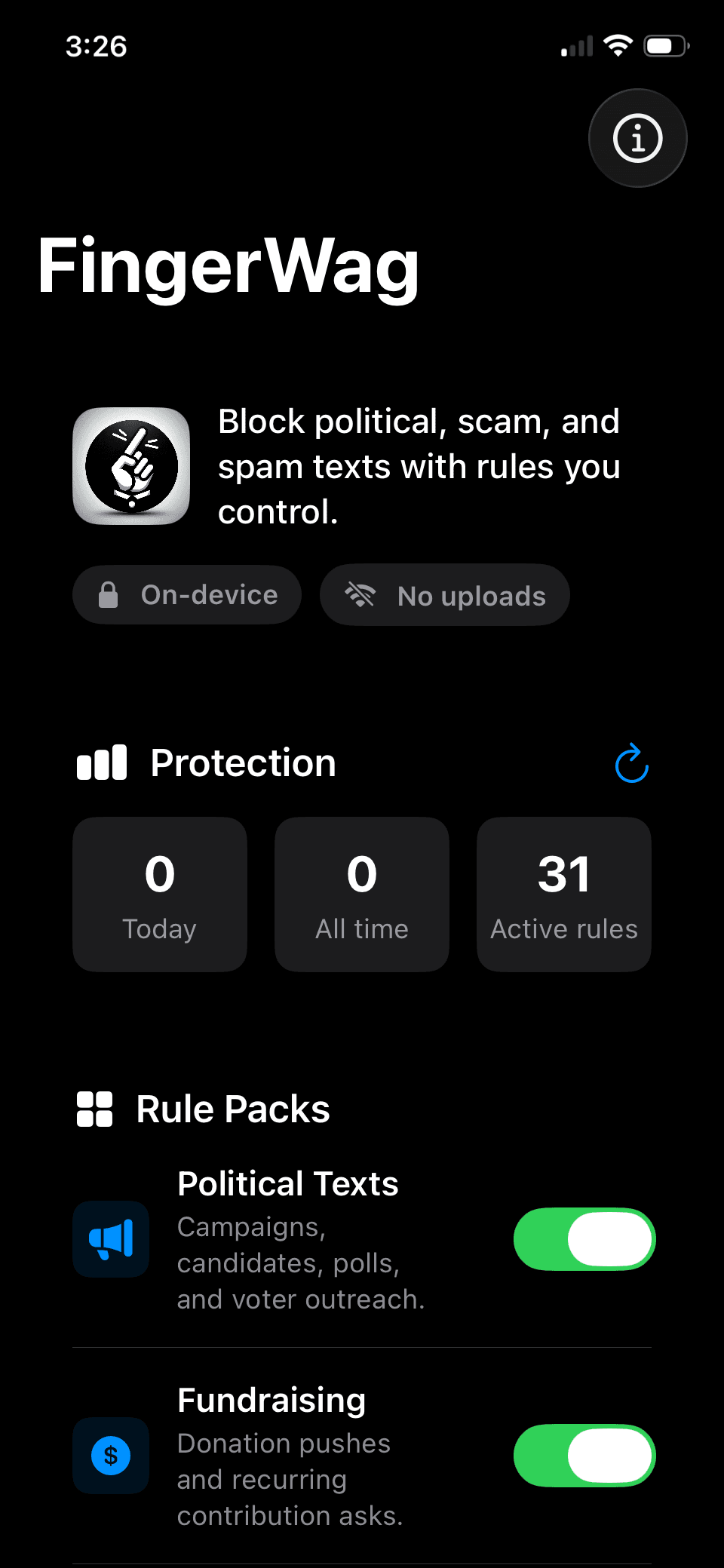 Actual FingerWag screen with political and fundraising packs enabled; counters show the capture state