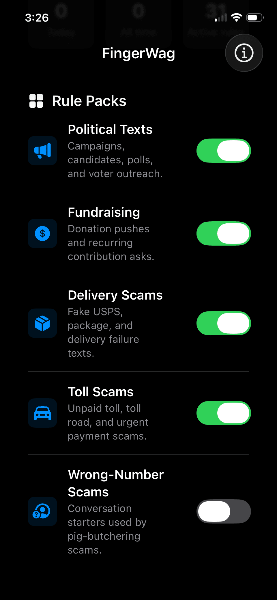 FingerWag Rule Packs screen showing Political Texts and Fundraising toggles enabled